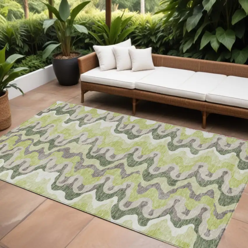Artichoke Green Green And Ivory Abstract Washable Indoor Outdoor Area Rug Photo 1