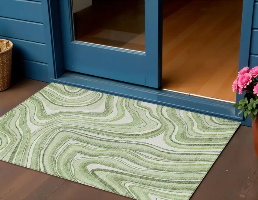 Artichoke Green Green And Ivory Abstract Washable Indoor Outdoor Area Rug Photo 1