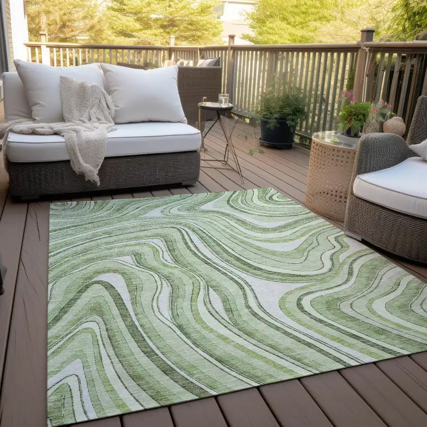 Artichoke Green Green And Ivory Abstract Washable Indoor Outdoor Area Rug Photo 9