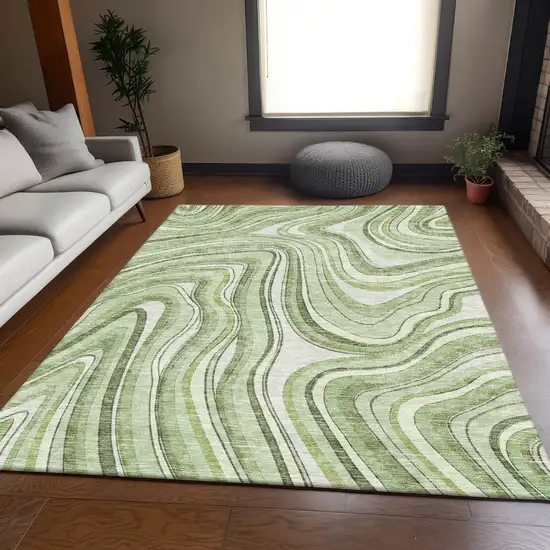 Artichoke Green Green And Ivory Abstract Washable Indoor Outdoor Area Rug Photo 7