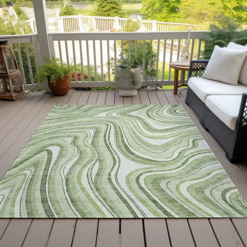 Artichoke Green Green And Ivory Abstract Washable Indoor Outdoor Area Rug Photo 6