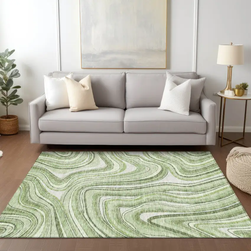 Artichoke Green Green And Ivory Abstract Washable Indoor Outdoor Area Rug Photo 8
