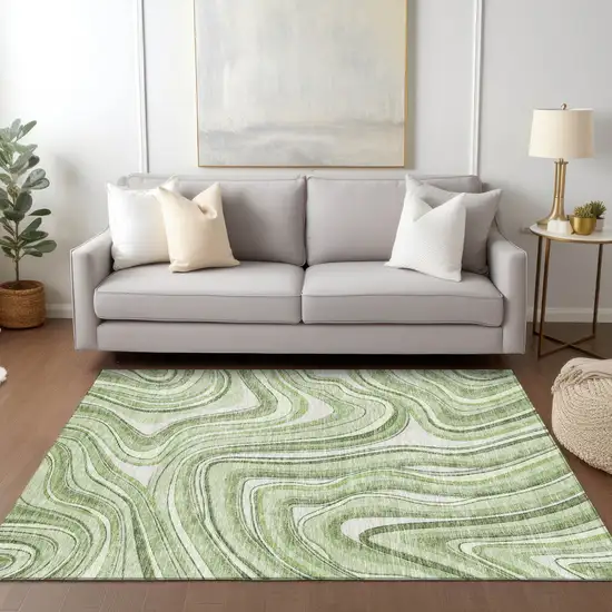 Artichoke Green Green And Ivory Abstract Washable Indoor Outdoor Area Rug Photo 8