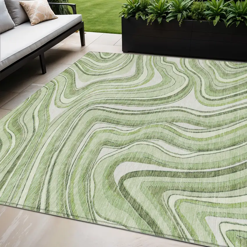Artichoke Green Green And Ivory Abstract Washable Indoor Outdoor Area Rug Photo 1