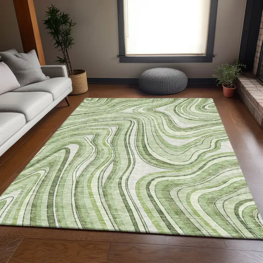 Artichoke Green Green And Ivory Abstract Washable Indoor Outdoor Area Rug Photo 7