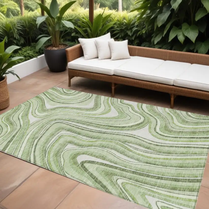 Artichoke Green Green And Ivory Abstract Washable Indoor Outdoor Area Rug Photo 1