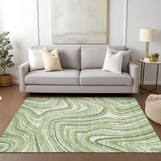 Artichoke Green Green And Ivory Abstract Washable Indoor Outdoor Area Rug Photo 8