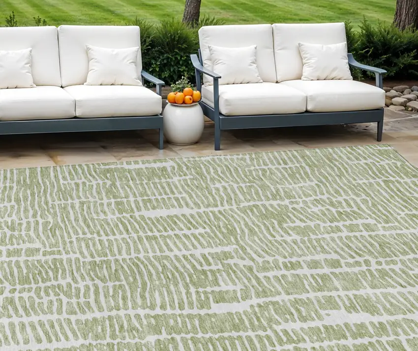 Artichoke Green Green And Ivory Abstract Washable Indoor Outdoor Area Rug Photo 1