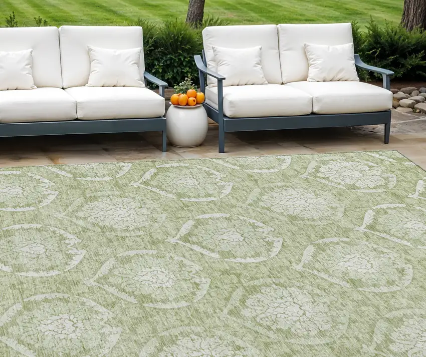 Artichoke Green Green And Ivory Medallion Washable Indoor Outdoor Area Rug Photo 1