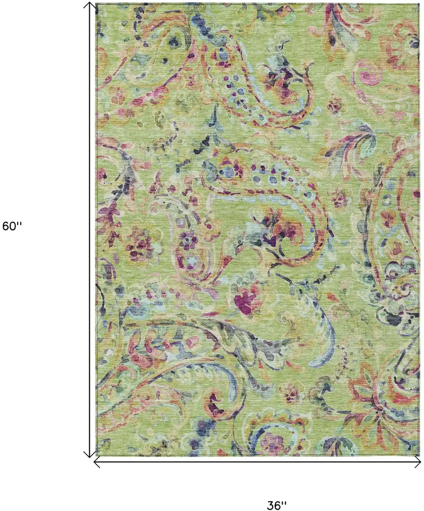 Artichoke Green Green And Pink Paisley Washable Indoor Outdoor Area Rug Photo 3