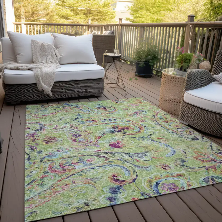 Artichoke Green Green And Pink Paisley Washable Indoor Outdoor Area Rug Photo 9