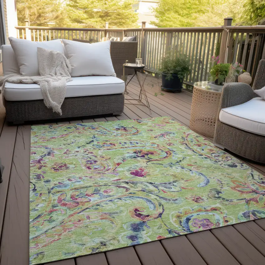 Artichoke Green Green And Pink Paisley Washable Indoor Outdoor Area Rug Photo 9