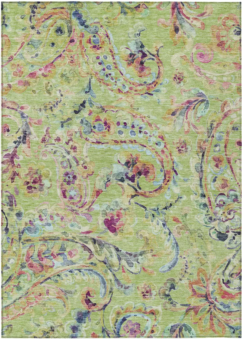 Artichoke Green Green And Pink Paisley Washable Indoor Outdoor Area Rug Photo 2