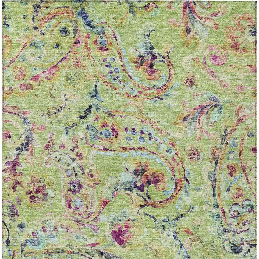 Artichoke Green Green And Pink Paisley Washable Indoor Outdoor Area Rug Photo 7