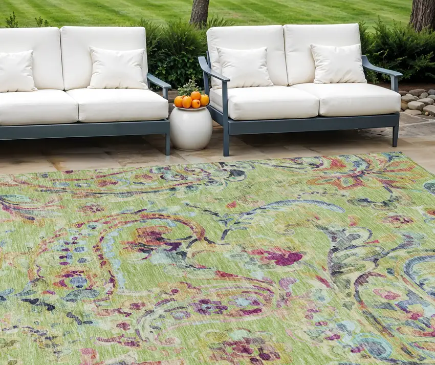 Artichoke Green Green And Pink Paisley Washable Indoor Outdoor Area Rug Photo 1