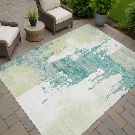 Artichoke Green Ivory And Aqua Abstract Washable Indoor Outdoor Area Rug Photo 8