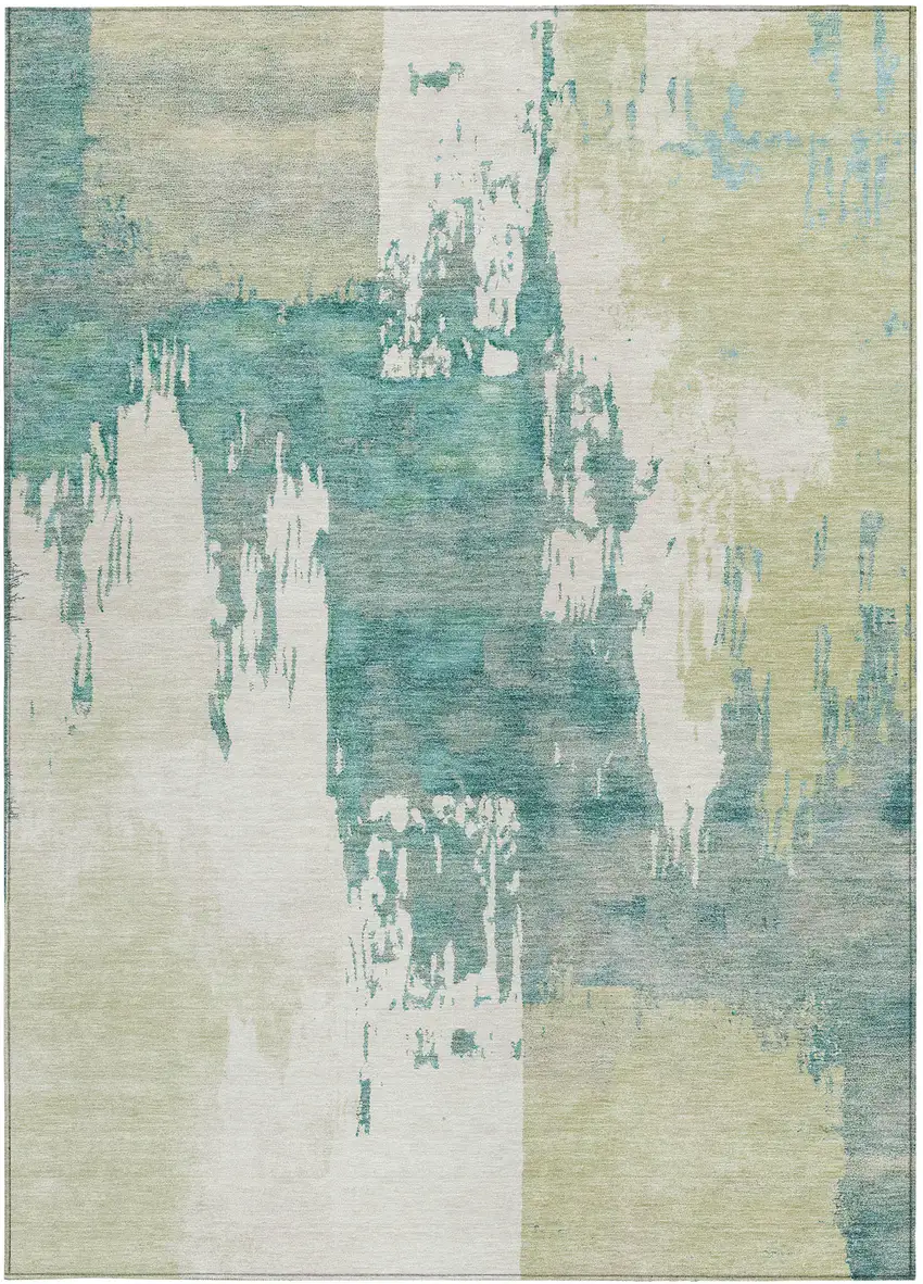 Artichoke Green Ivory And Aqua Abstract Washable Indoor Outdoor Area Rug Photo 5