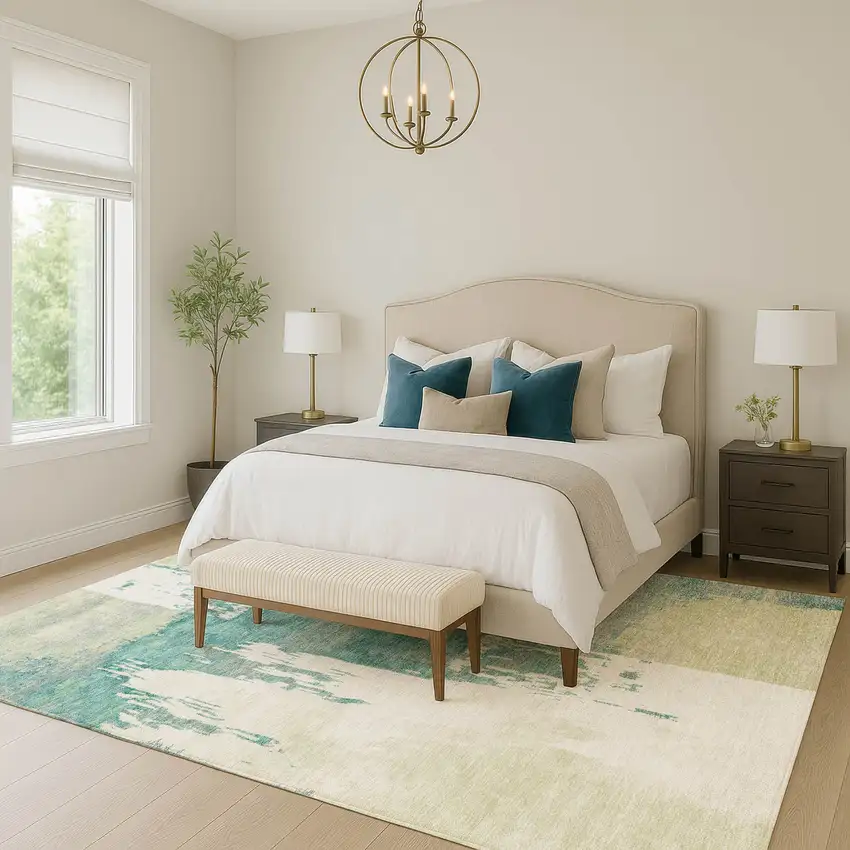 Artichoke Green Ivory And Aqua Abstract Washable Indoor Outdoor Area Rug Photo 9