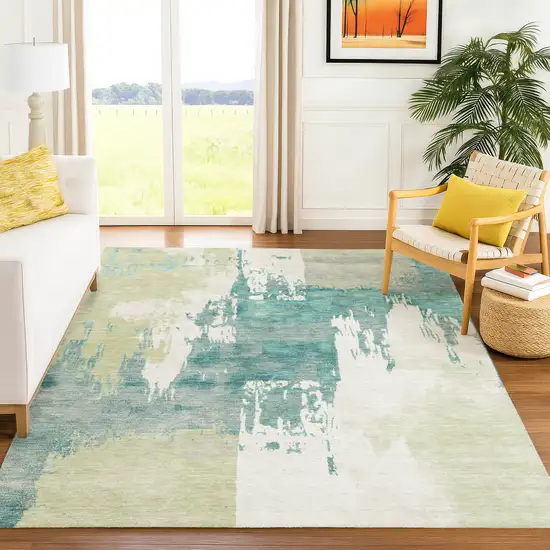 Artichoke Green Ivory And Aqua Abstract Washable Indoor Outdoor Area Rug Photo 9
