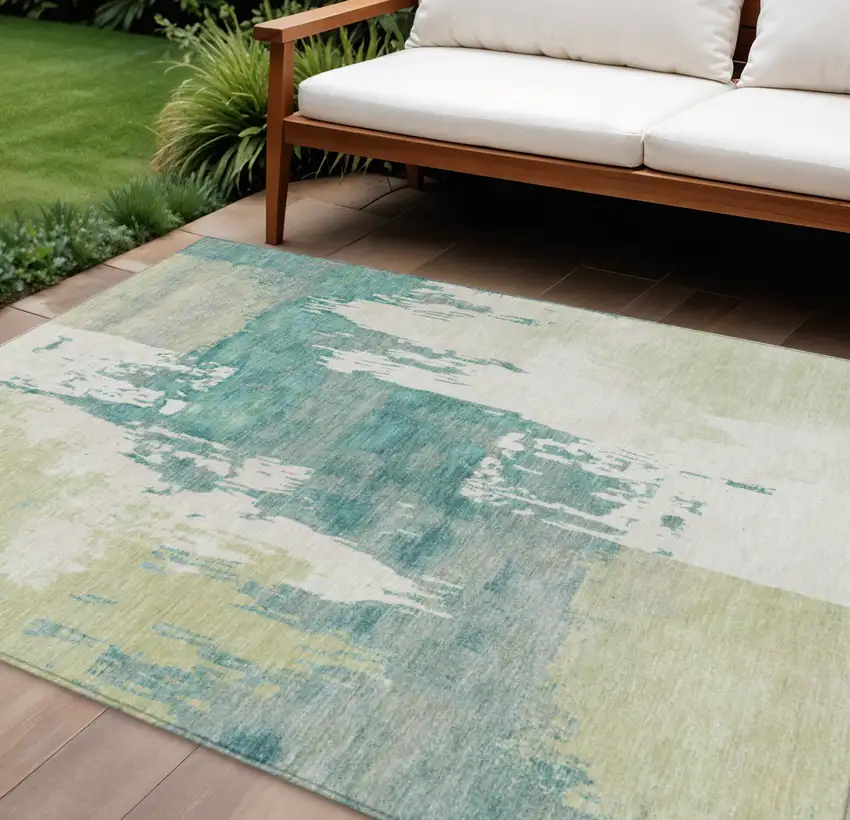 Artichoke Green Ivory And Aqua Abstract Washable Indoor Outdoor Area Rug Photo 1