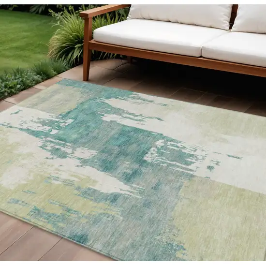 Artichoke Green Ivory And Aqua Abstract Washable Indoor Outdoor Area Rug Photo 1
