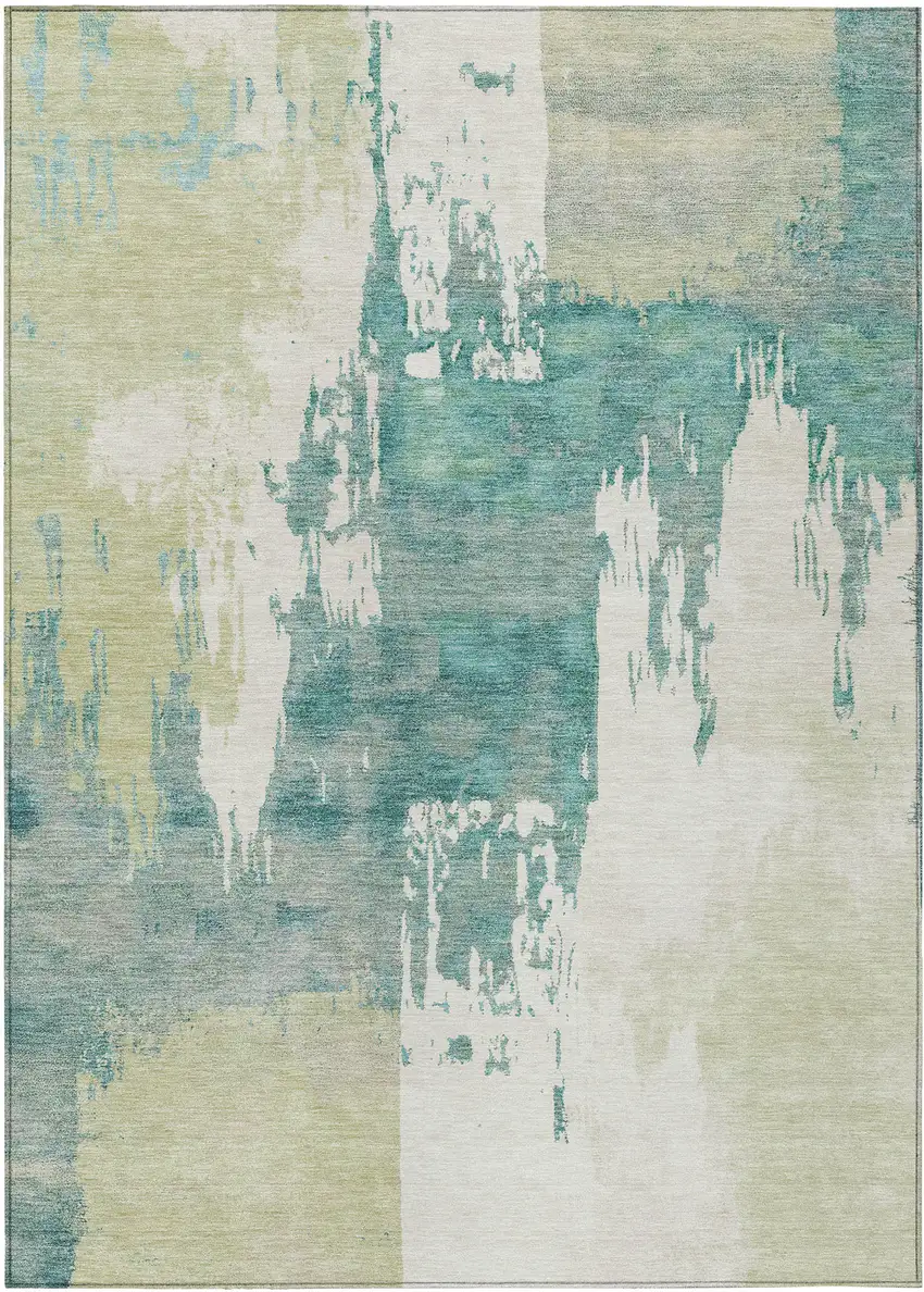 Artichoke Green Ivory And Aqua Abstract Washable Indoor Outdoor Area Rug Photo 2