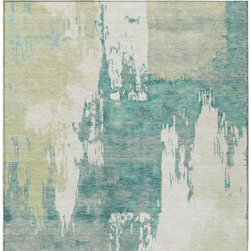 Artichoke Green Ivory And Aqua Abstract Washable Indoor Outdoor Area Rug Photo 4