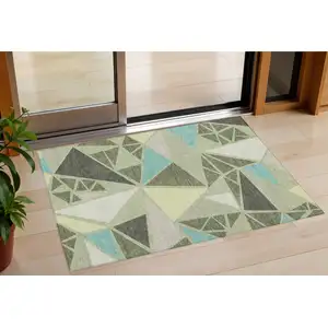 Photo of Artichoke Green Ivory And Aqua Geometric Washable Indoor Outdoor Area Rug
