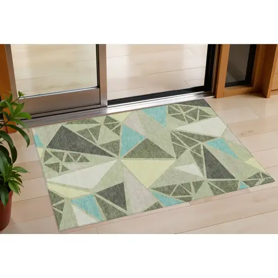 Artichoke Green Ivory And Aqua Geometric Washable Indoor Outdoor Area Rug Photo 1