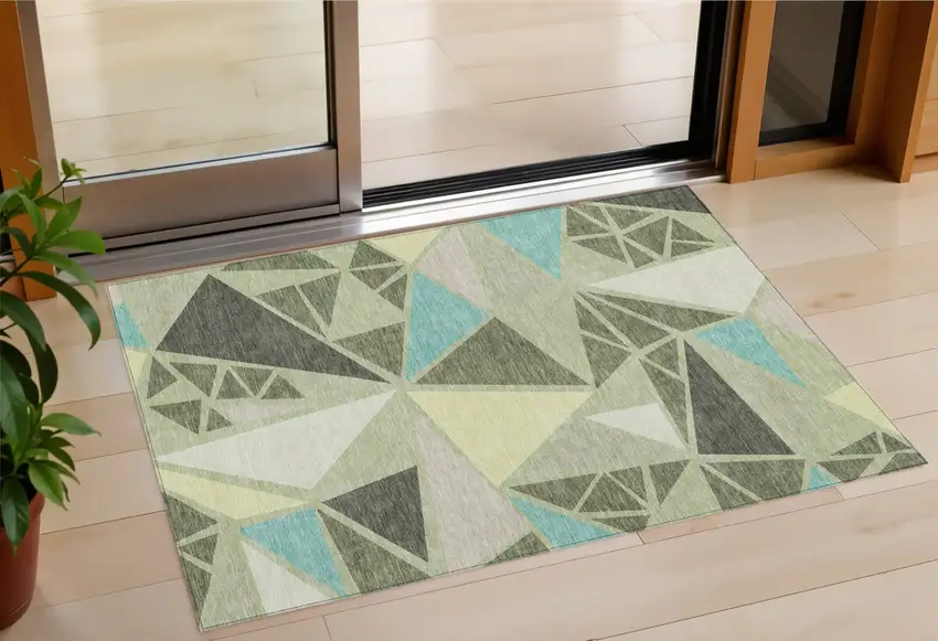 Artichoke Green Ivory And Aqua Geometric Washable Indoor Outdoor Area Rug Photo 1