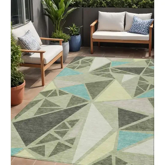 Artichoke Green Ivory And Aqua Geometric Washable Indoor Outdoor Area Rug Photo 1