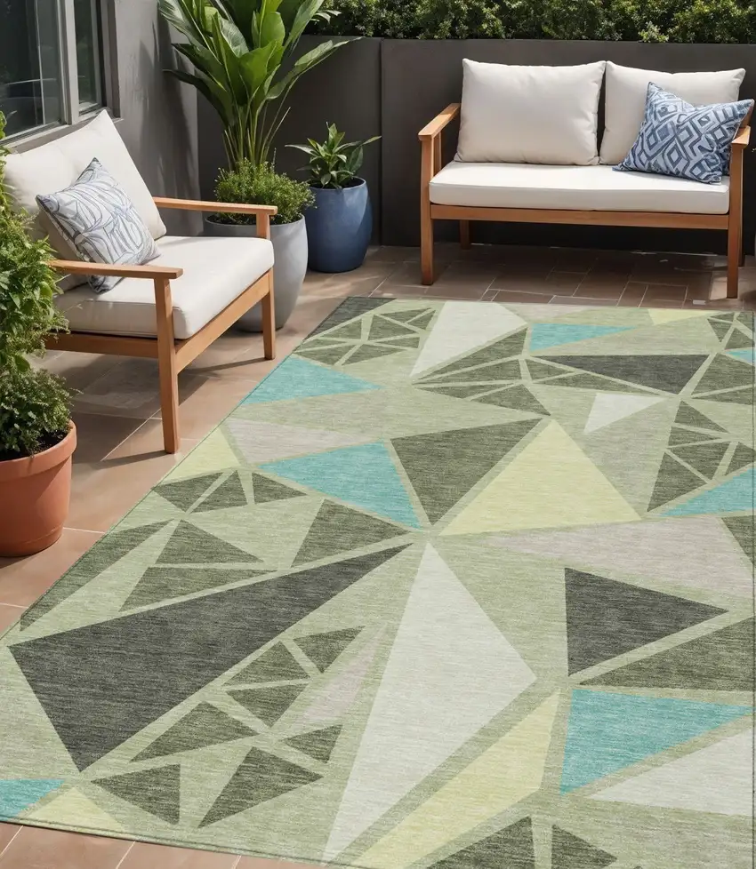 Artichoke Green Ivory And Aqua Geometric Washable Indoor Outdoor Area Rug Photo 1