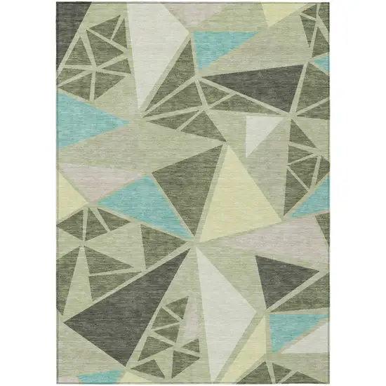 Artichoke Green Ivory And Aqua Geometric Washable Indoor Outdoor Area Rug Photo 2