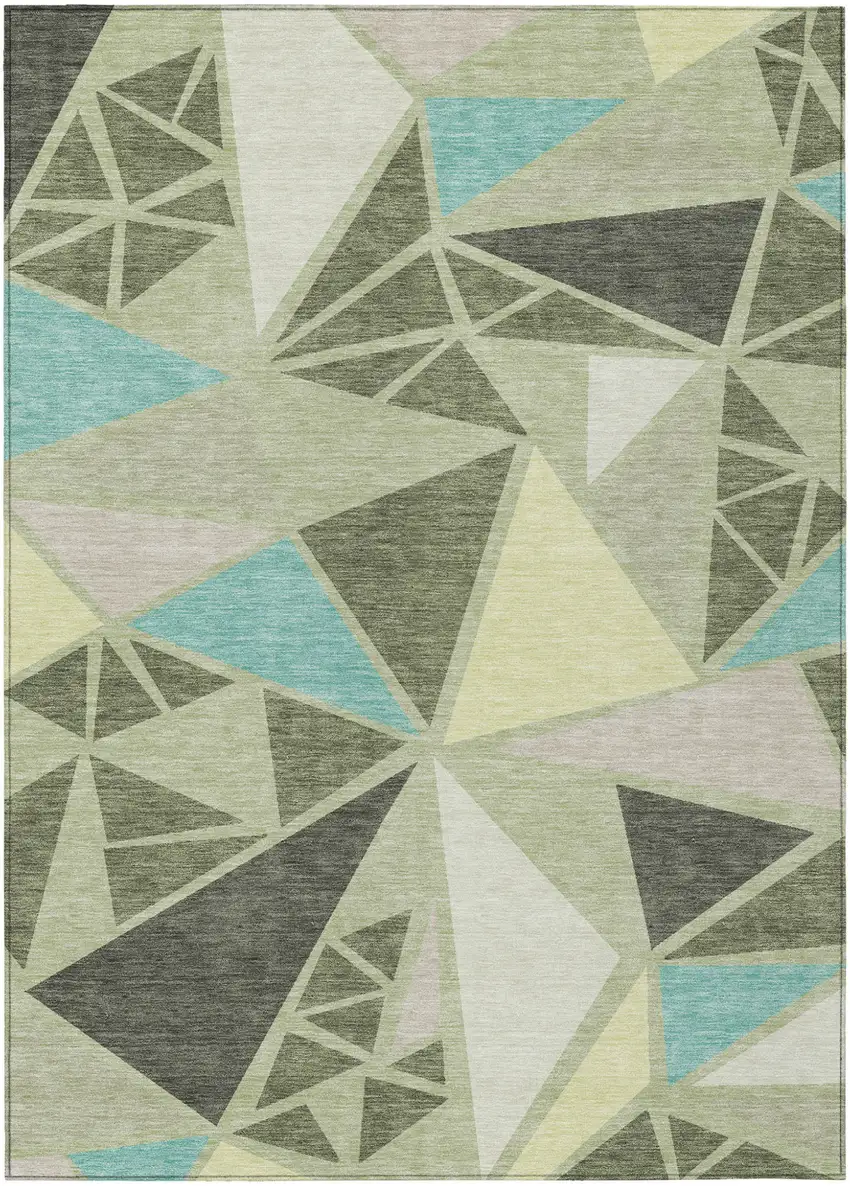 Artichoke Green Ivory And Aqua Geometric Washable Indoor Outdoor Area Rug Photo 2