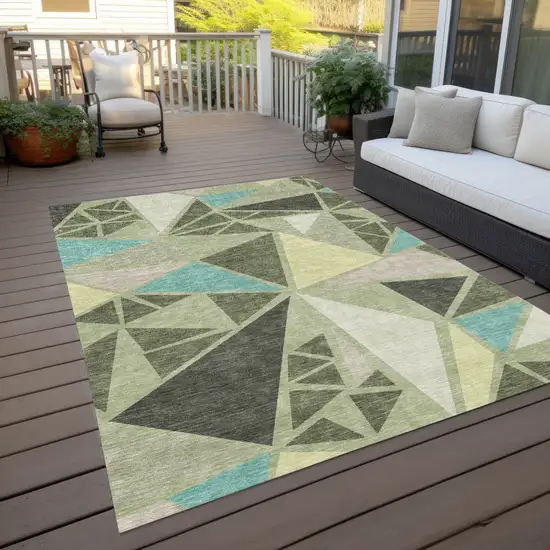 Artichoke Green Ivory And Aqua Geometric Washable Indoor Outdoor Area Rug Photo 9