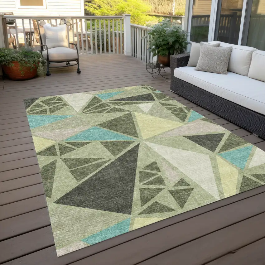 Artichoke Green Ivory And Aqua Geometric Washable Indoor Outdoor Area Rug Photo 9