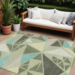 Photo of Artichoke Green Ivory And Aqua Geometric Washable Indoor Outdoor Area Rug