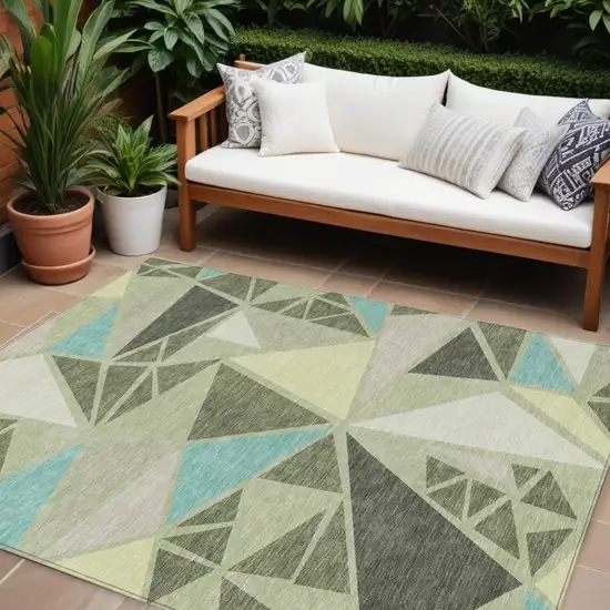 Artichoke Green Ivory And Aqua Geometric Washable Indoor Outdoor Area Rug Photo 1