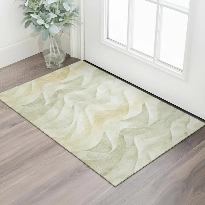Artichoke Green Ivory And Beige Abstract Washable Area Rug With UV Protection Photo 2