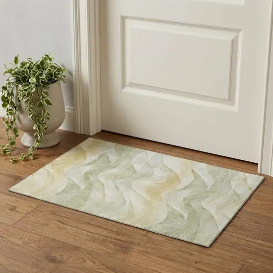 Artichoke Green Ivory And Beige Abstract Washable Area Rug With UV Protection Photo 1