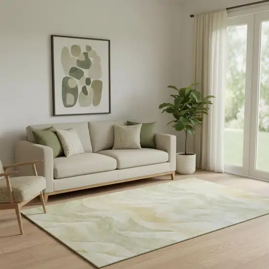 Artichoke Green Ivory And Beige Abstract Washable Area Rug With UV Protection Photo 2