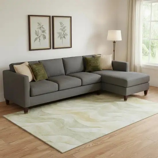 Artichoke Green Ivory And Beige Abstract Washable Area Rug With UV Protection Photo 2