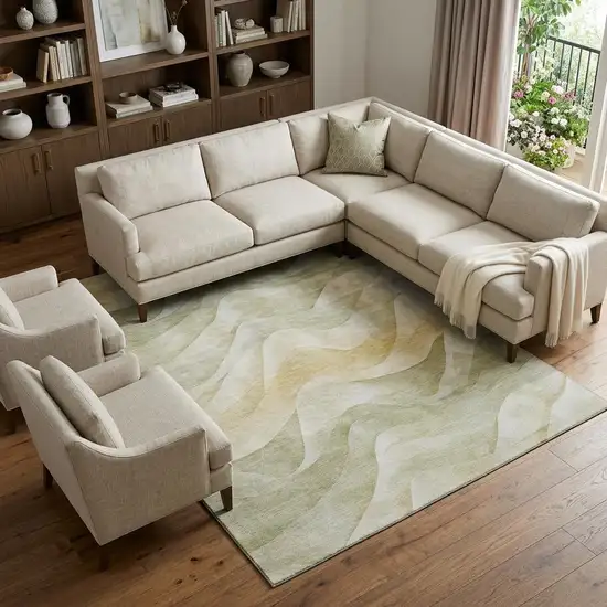 Artichoke Green Ivory And Beige Abstract Washable Area Rug With UV Protection Photo 1