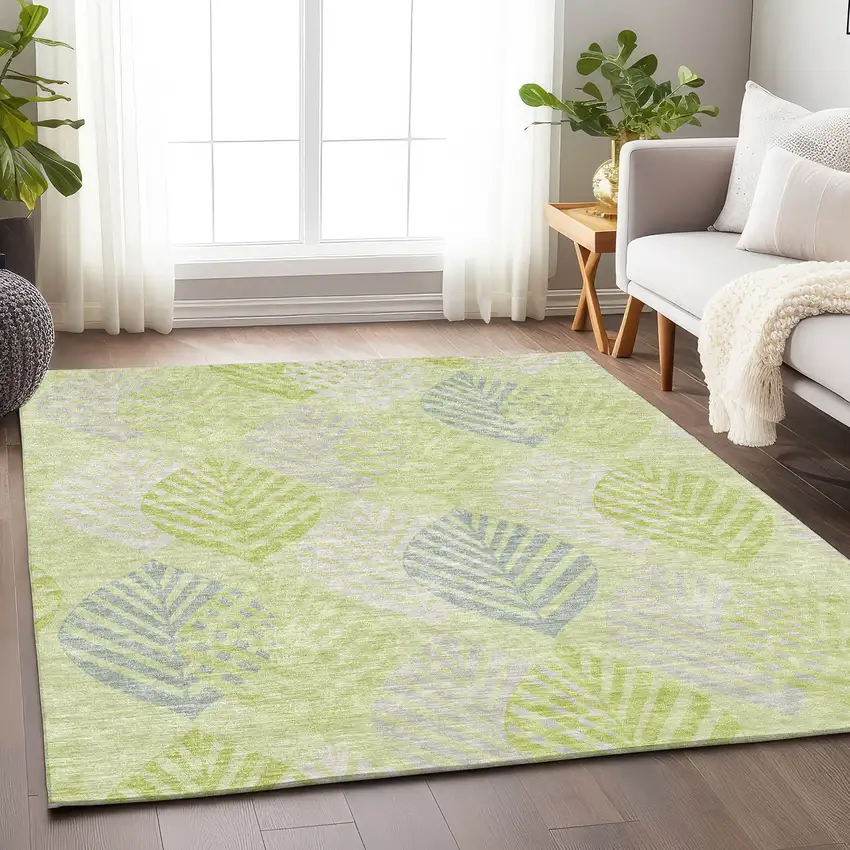 Artichoke Green Ivory And Beige Floral Washable Area Rug With UV Protection Photo 5
