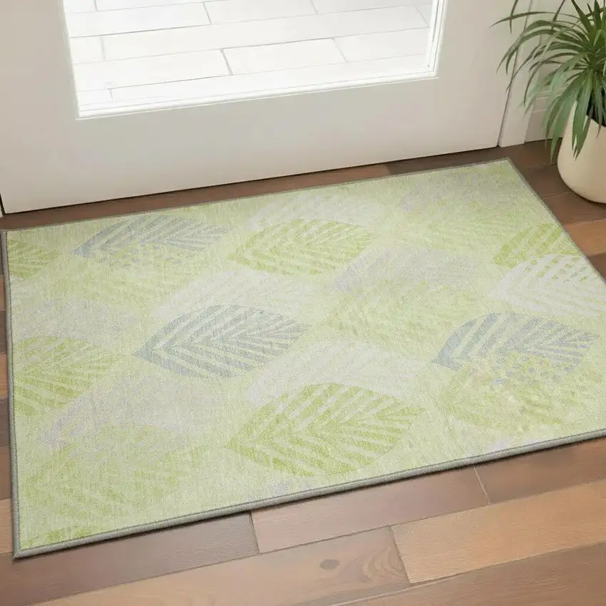 Artichoke Green Ivory And Beige Floral Washable Area Rug With UV Protection Photo 2