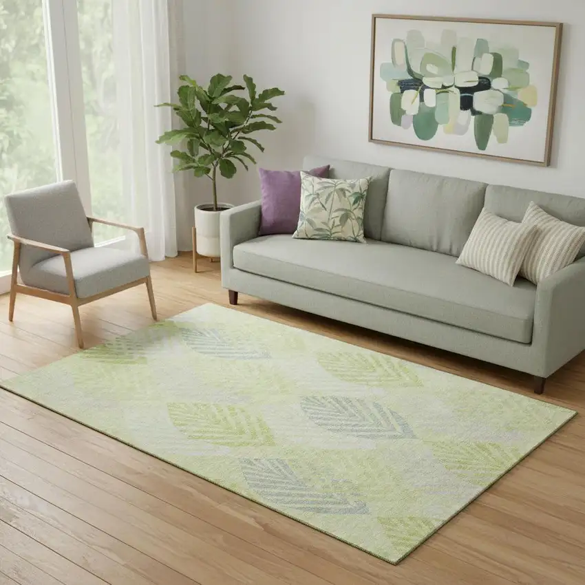 Artichoke Green Ivory And Beige Floral Washable Area Rug With UV Protection Photo 1