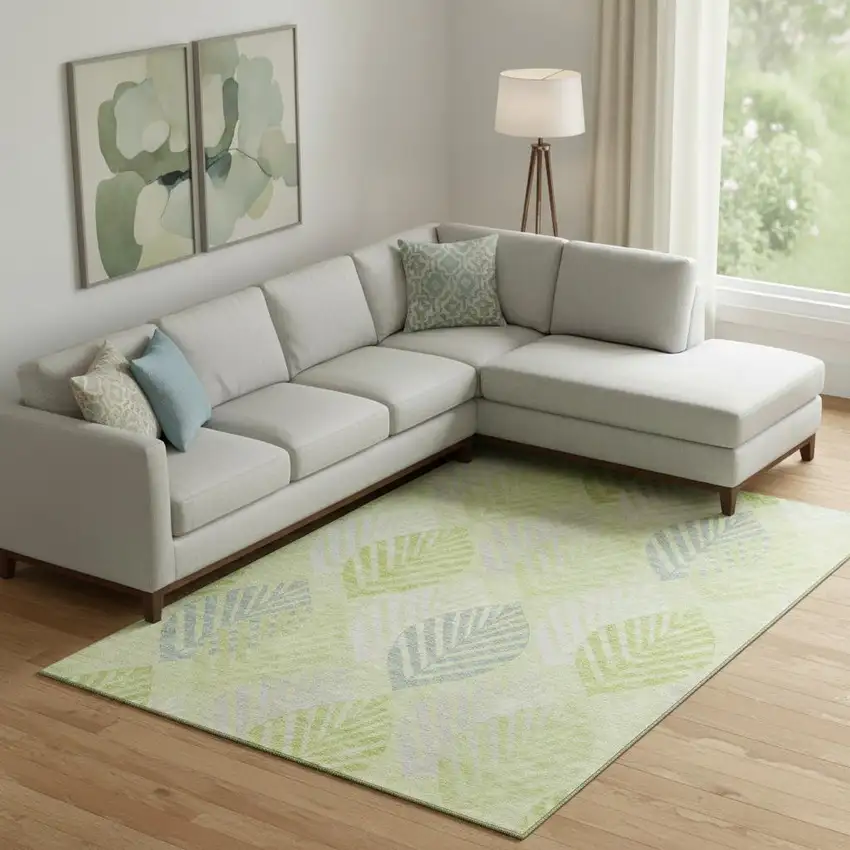 Artichoke Green Ivory And Beige Floral Washable Area Rug With UV Protection Photo 1