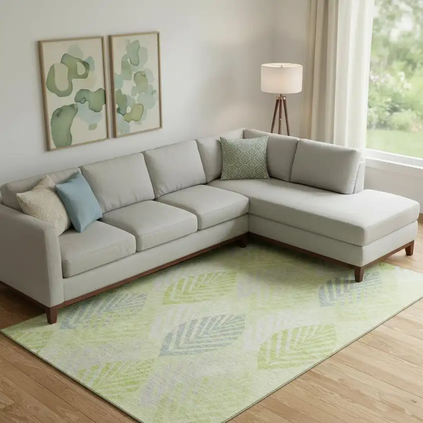 Artichoke Green Ivory And Beige Floral Washable Area Rug With UV Protection Photo 1