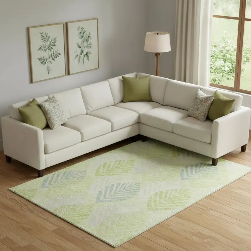 Artichoke Green Ivory And Beige Floral Washable Area Rug With UV Protection Photo 1