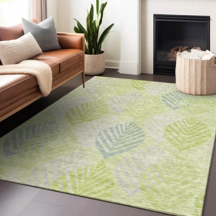Artichoke Green Ivory And Beige Floral Washable Area Rug With UV Protection Photo 6